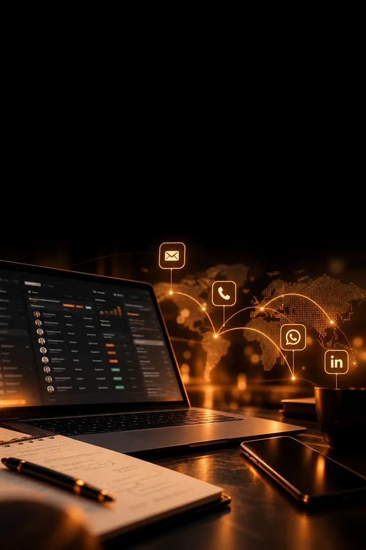 A laptop running outreach across four channels